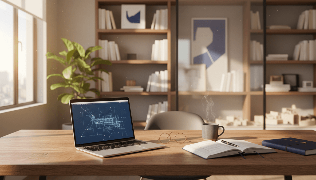 Professional workspace with laptop and planning materials in natural light