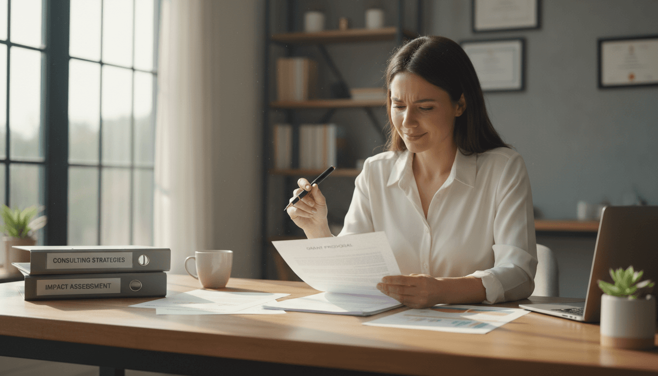 Professional consultant reviewing technical documentation at desk