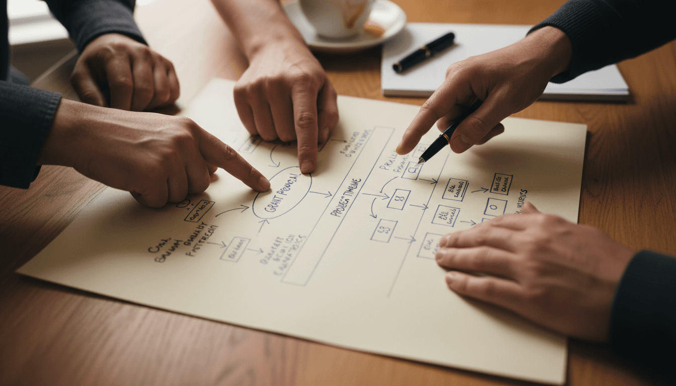 Collaborative consulting moment showing strategic planning and project guidance