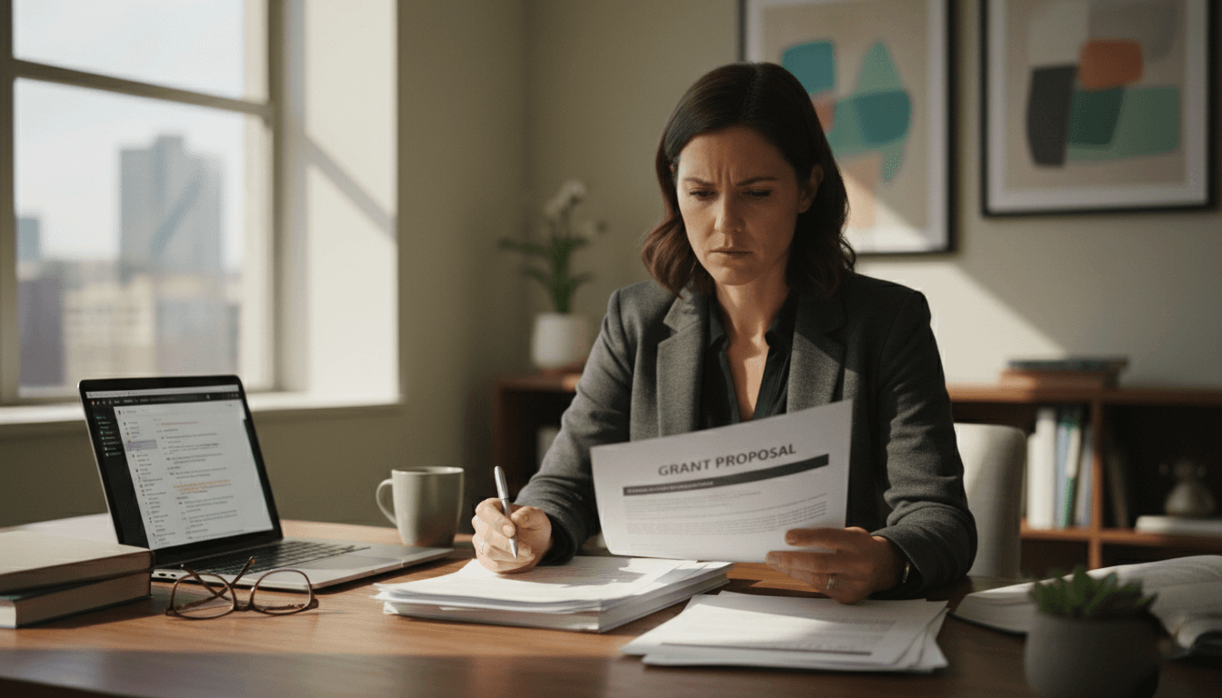 Professional consultant reviewing grant proposal documents with focused attention