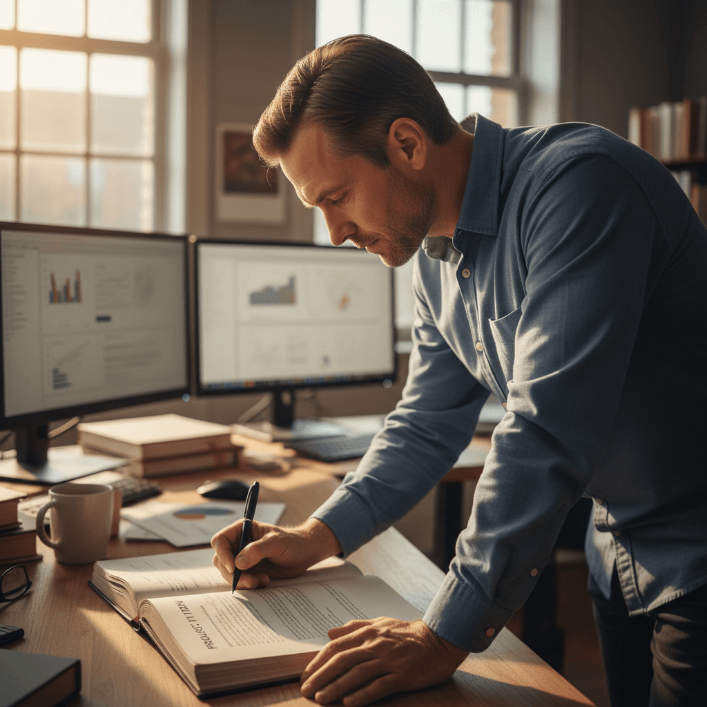 Consultant reviewing technical documentation