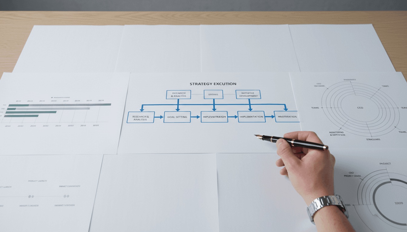 Project management planning documents with strategic timelines and workflow details